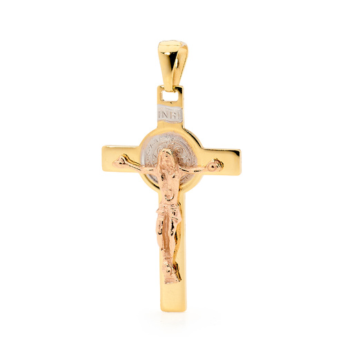 18KT Yellow, White and Rose Gold St Benedict Cross Pendant - Size 28x17.4mm