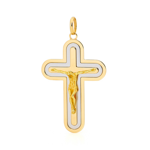 18KT Yellow and White Gold Round Shape Cross Pendant - Size 42x30mm