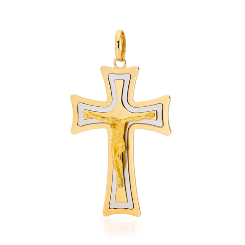 18KT Yellow and White Gold Point Edge Shape Cross Pendant - Size 42x29mm