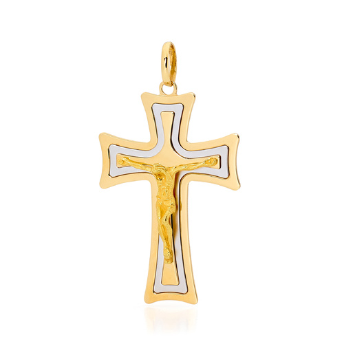18KT Yellow and White Gold Point Edge Shape Cross Pendant - Size 52x36.3mm