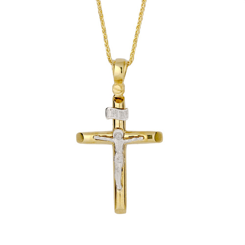 18KT Yellow and White Gold Half Round Shape Cross Pendant