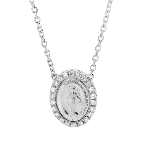 18KT White Gold Lady of Miraculous Diamond Medal Necklace