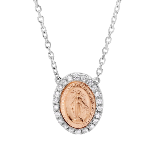 18KT White And Rose Gold Lady of Miraculous Diamond Medal Necklace