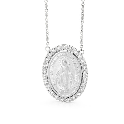 18KT White Gold Lady of Miraculous Diamond Medal Necklace