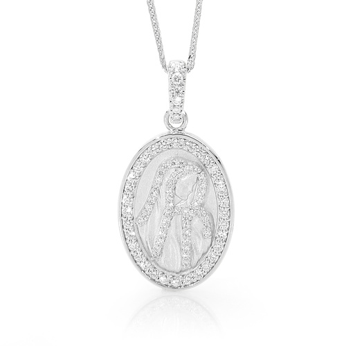 18KT White Gold Our Lady Diamond Medal Necklace