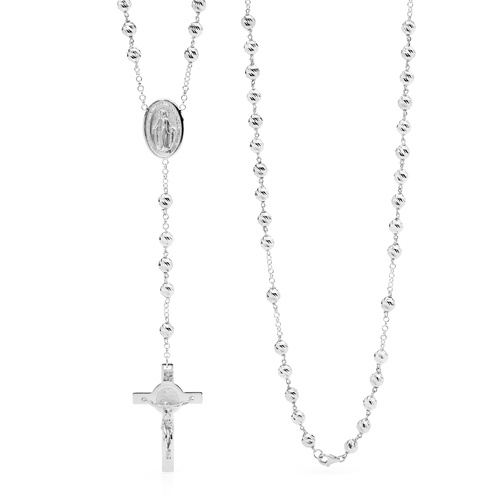 18KT White Gold Diamond Cut Rosary Bead Necklace