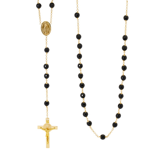 18KT Yellow Gold Black Oynx Rosary Bead Necklace