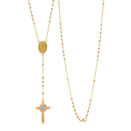 18KT Yellow/White/Rose Gold Diamond Cut Rosary Bead Necklace