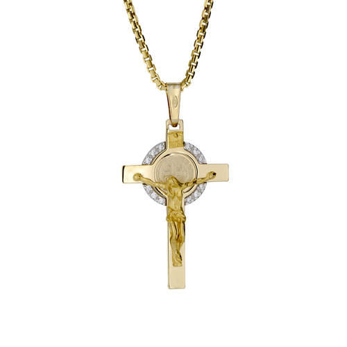 9KT Yellow/White Gold St Benedict Cross Pendant - Size 28x17.5 mm