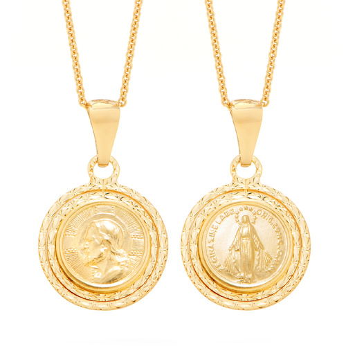 12.5mm 9KT Yellow Gold Jesus and Mary Medal Pendant