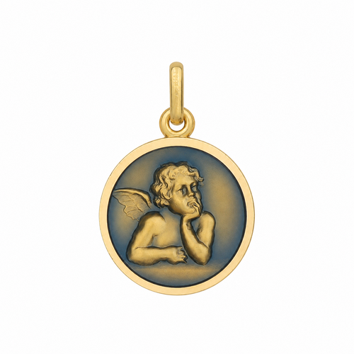 17mm 9KT Yellow Gold Enamel Angel Medal Pendant