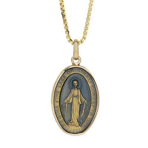 9KT Yellow Gold Enamel Our Lady of Miraculous Medal Pendant