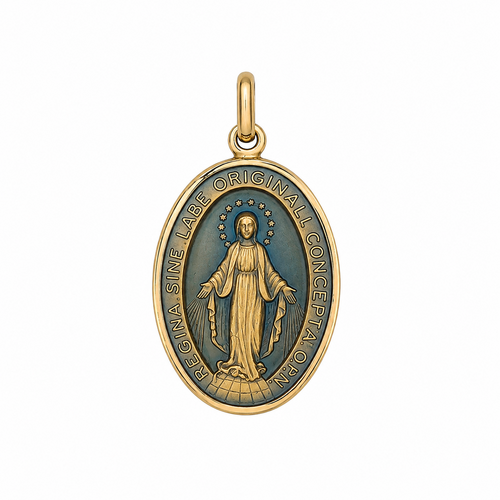 9KT Yellow Gold Enamel Our Lady of Miraculous Medal Pendant