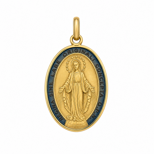 9KT Yellow Gold Enamel Our Lady of Miraculous Medal Pendant