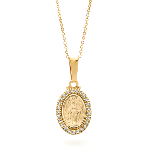 17.5x13.15mm 9KT Yellow Gold Lady of Miraculous CZ Medal Pendant