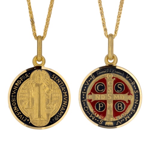 9KT Yellow Gold Enamel St Benedict Medal Pendant