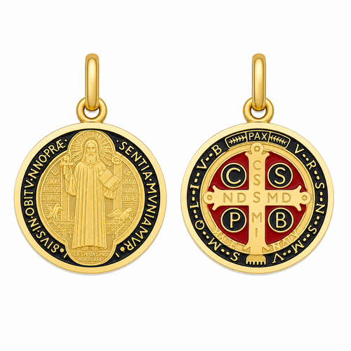 17mm 9KT Yellow Gold Enamel St Benedict Medal Pendant
