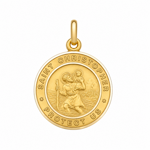 19mm 9KT Yellow Gold St Christopher with English Script Medal Pendant