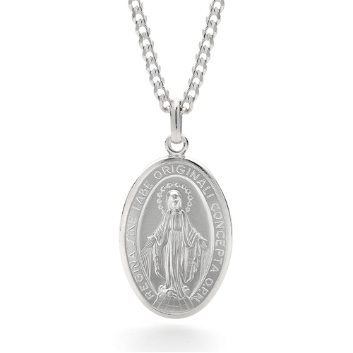 Sterling Silver Our Lady of Miraculous Medal Concave Curb Chain Necklace