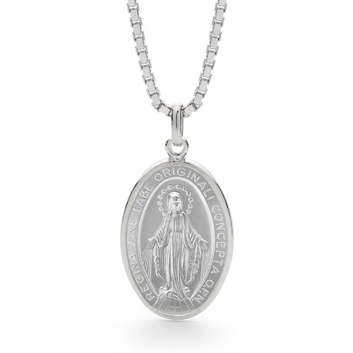Sterling Silver Our Lady of Miraculous Medal Box Chain Necklace