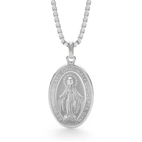 Sterling Silver Our Lady of Miraculous Medal Box Chain Necklace