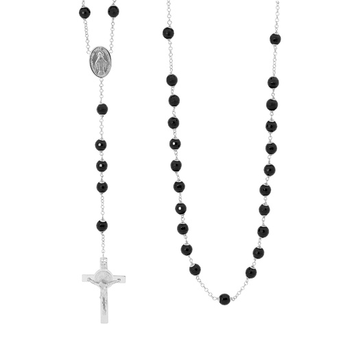 Sterling Silver Black Onyx Rosary Bead Necklace