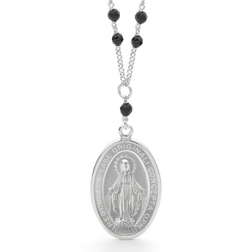Sterling Silver Black Onyx Mary Rosary Necklace Medal